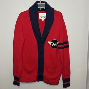 Decibel Heavy Red Navy Cardigan Sweater Matchless Motorcycle Patch Mens Size Med